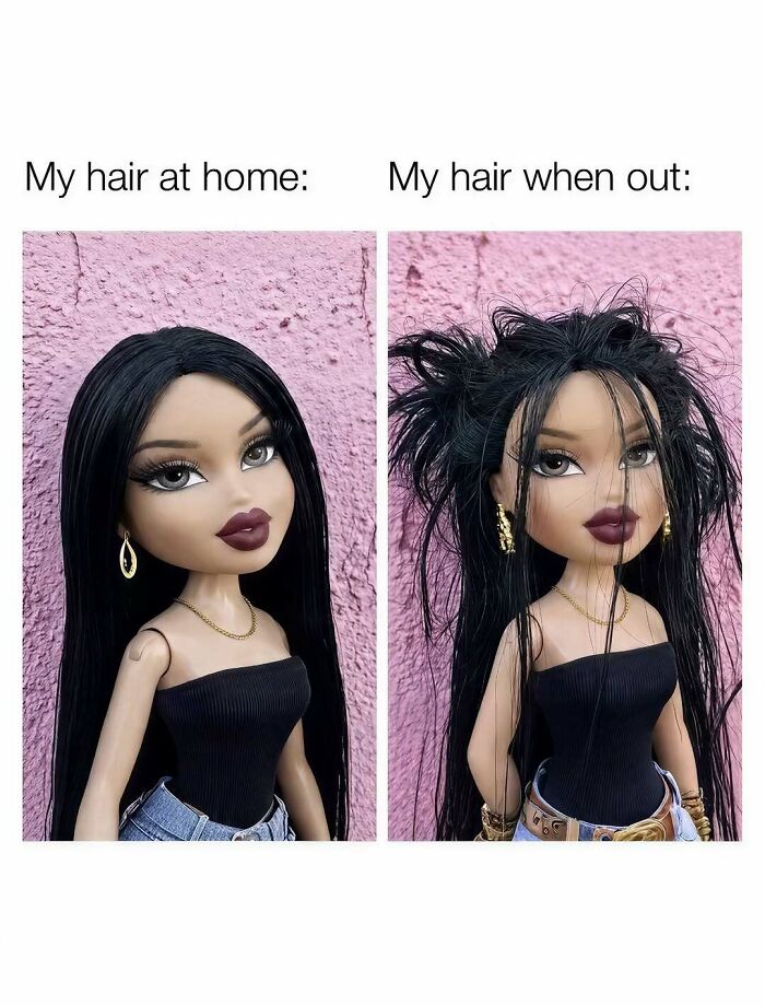 Funny memes illustrating the difference between perfect hair at home and messy hair outside using dolls.