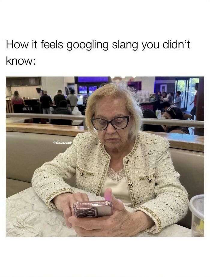 An older woman looking closely at her phone in funny memes about being a woman