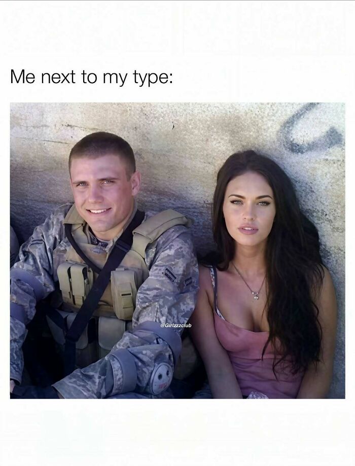 Funny meme about being a woman showing a soldier and a woman sitting side by side