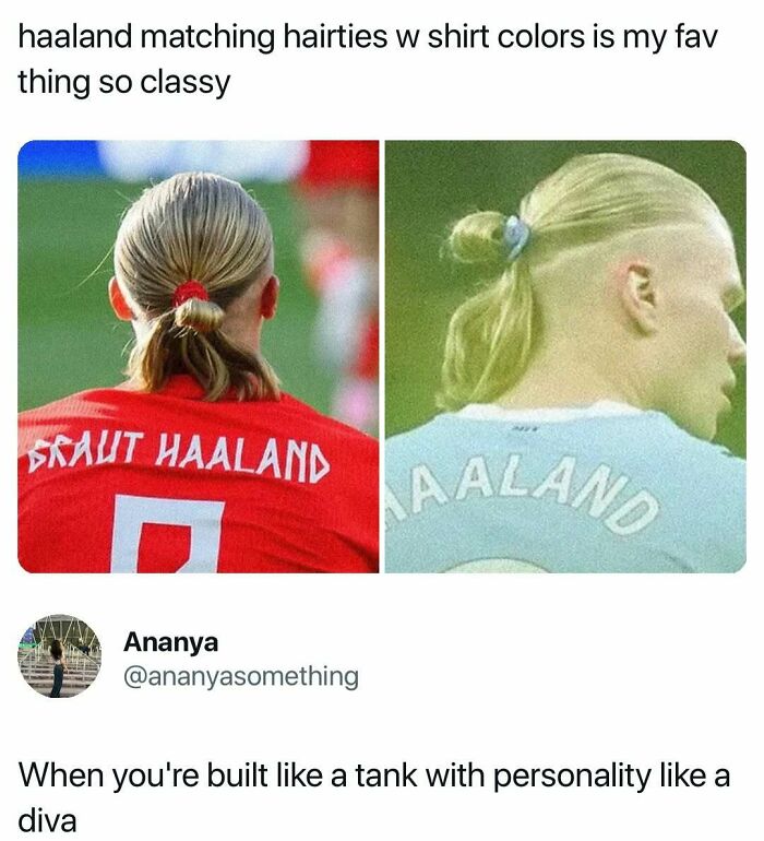 Side-by-side images of Haaland in different jerseys with matching hair ties. Hilarious memes.