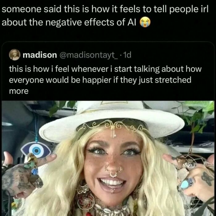 A meme with a woman smiling, hands pointing to her temples, conveying a hilarious but true feeling about negative effects of AI.