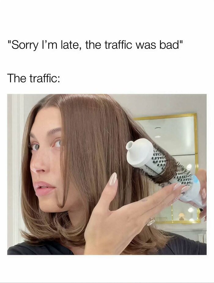 A funny meme illustrating the realities of being a woman with Hailey Bieber curling her hair