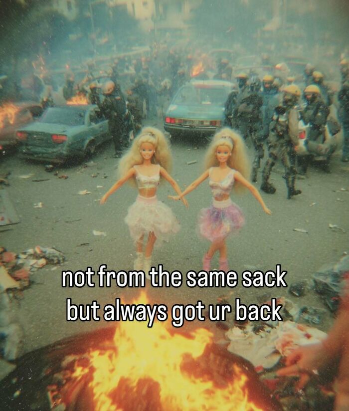 A meme showing two Barbie dolls in a chaotic, smoky street scene, with the text: 'not from the same sack but always got ur back.'