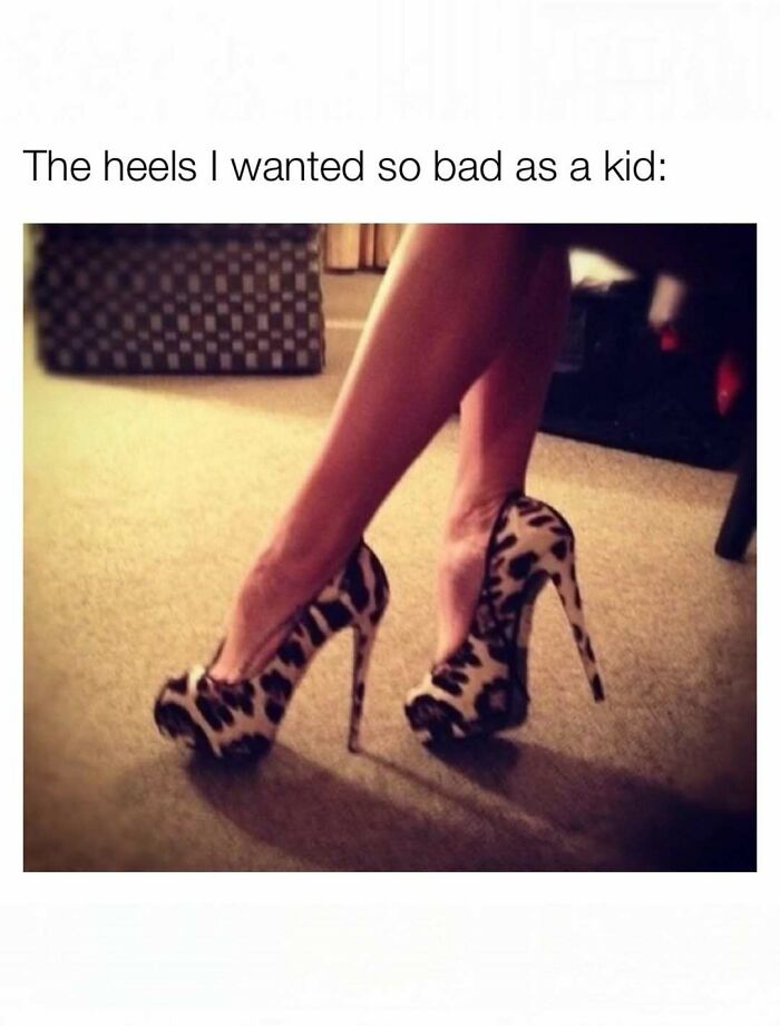 A person wearing high leopard print heels, featured in funny memes about being a woman