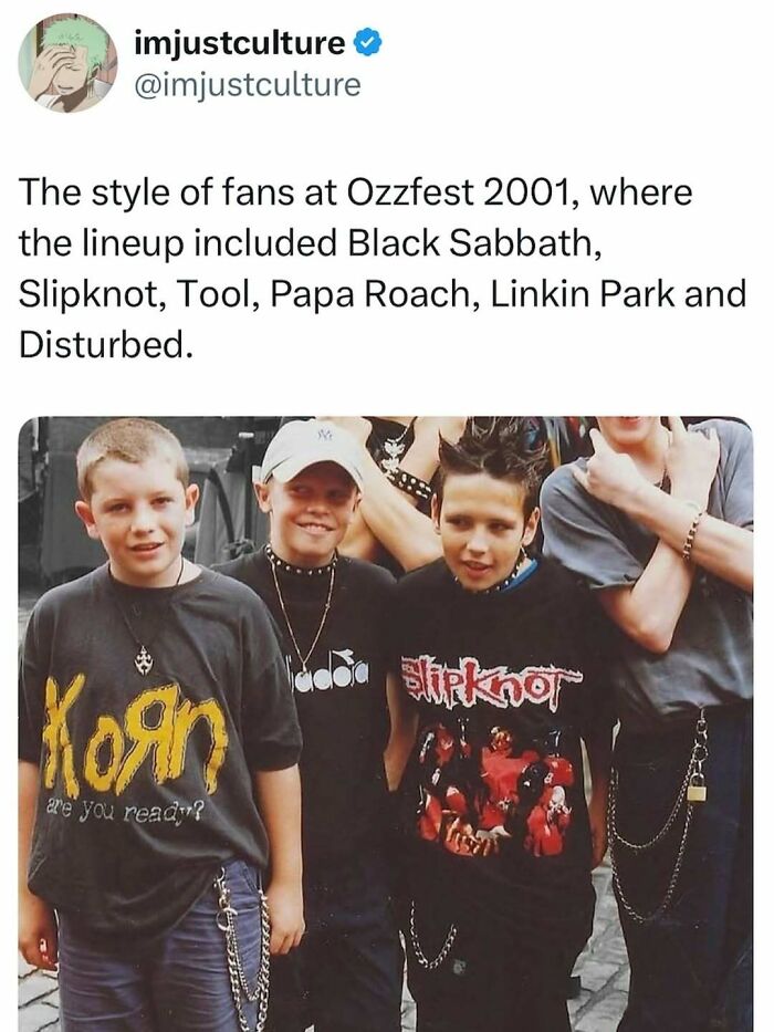 Imjustculture Posts: A photo of young fans at Ozzfest 2001, wearing band shirts like Korn and Slipknot.