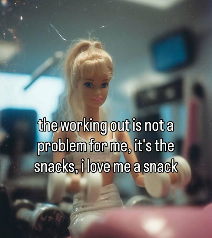 A meme of a Barbie doll lifting weights, humorously focusing on the love for snacks.