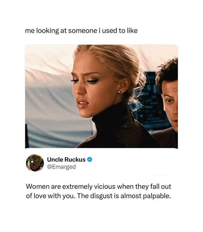 A meme of Jessica Alba looking disgusted, captioned me looking at someone i used to like, representing some days that feel like a meme.