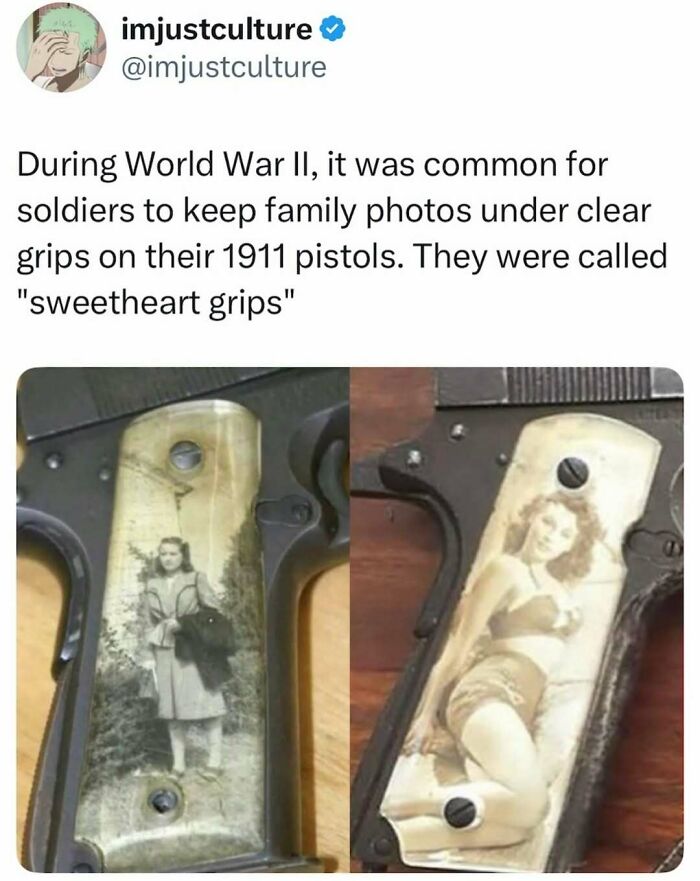 Close-up of a 1911 pistol with a sweetheart grip showing a vintage photo of a woman.