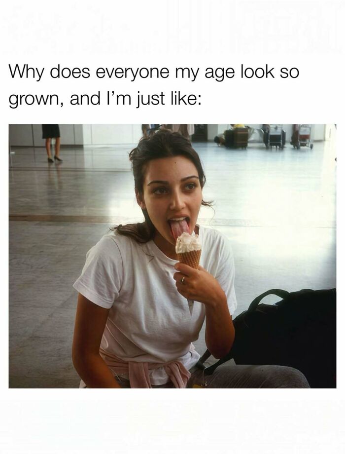 A funny meme of a young woman sticking her tongue out at an ice cream cone