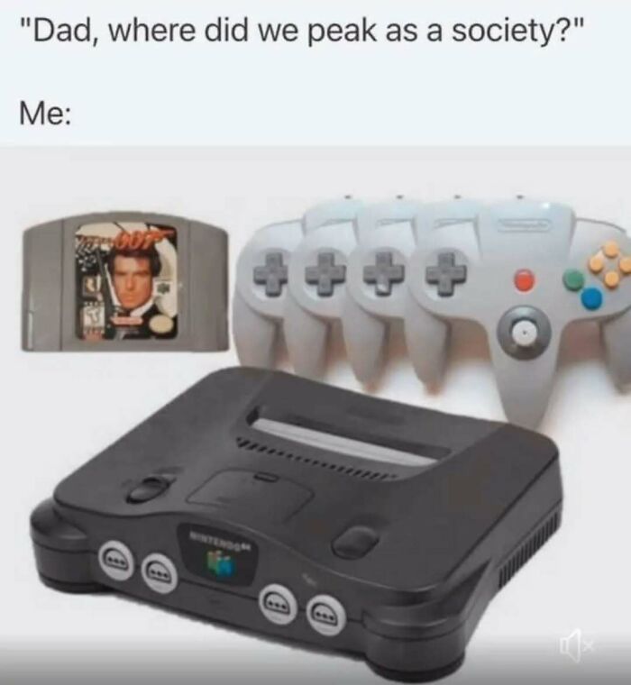 Nintendo 64 console with four controllers and GoldenEye game cartridge showing nostalgic pics of gaming