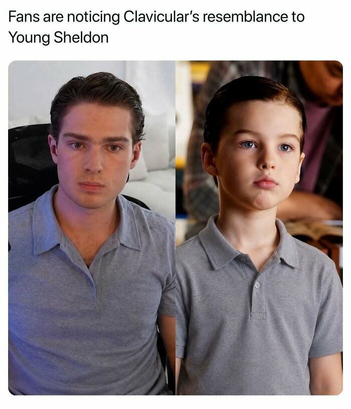 A side-by-side image of Clavicular and Young Sheldon, highlighting their resemblance. A hilarious meme.