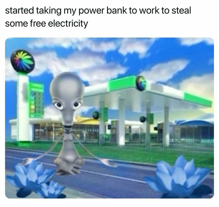 Hilarious memes: An alien character in front of a gas station, a funny meme about stealing electricity.