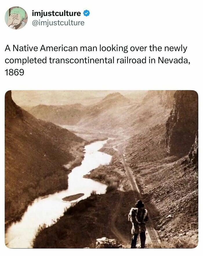 A Native American man overlooking the transcontinental railroad in Nevada, 1869, an imjustculture-post.