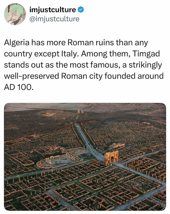 Aerial view of Timgad, a well-preserved Roman city in Algeria, an imjustculture-post showcasing Roman ruins.