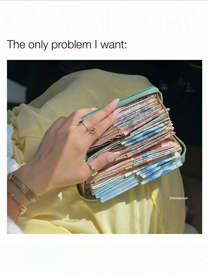 Funny memes showing a wallet stuffed with cash as the only kind of problem a woman wants.