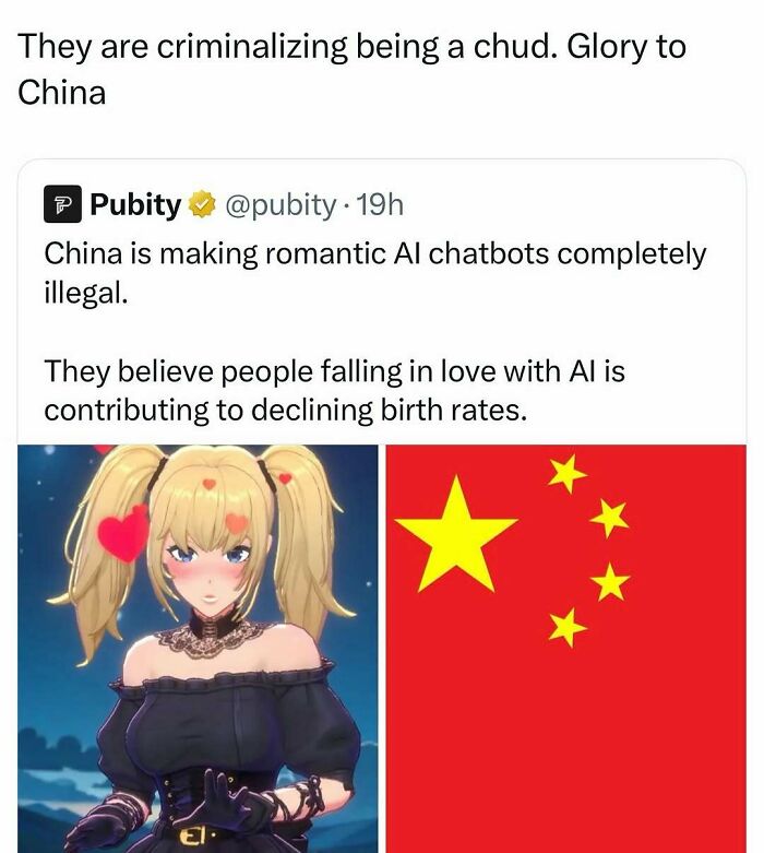 An anime girl and the Chinese flag, part of a meme about romantic AI chatbots and declining birth rates.