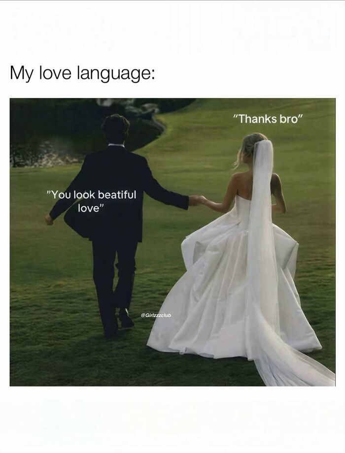 Bride and groom walking outdoors with humorous text about being a woman.
