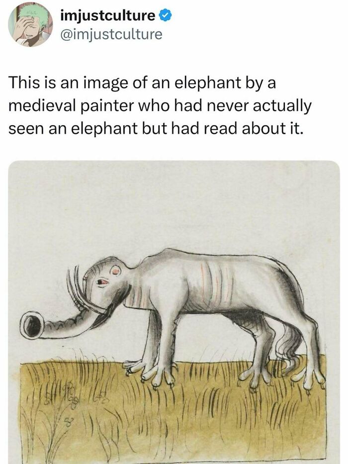 A medieval painter's imaginative depiction of an elephant, an imjustculture-post highlighting historical art.
