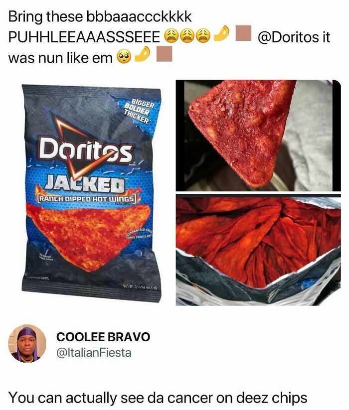 A meme about Doritos Jacked Ranch Dipped Hot Wings, featuring the chips and packaging. Hilarious memes can make us crave snacks.