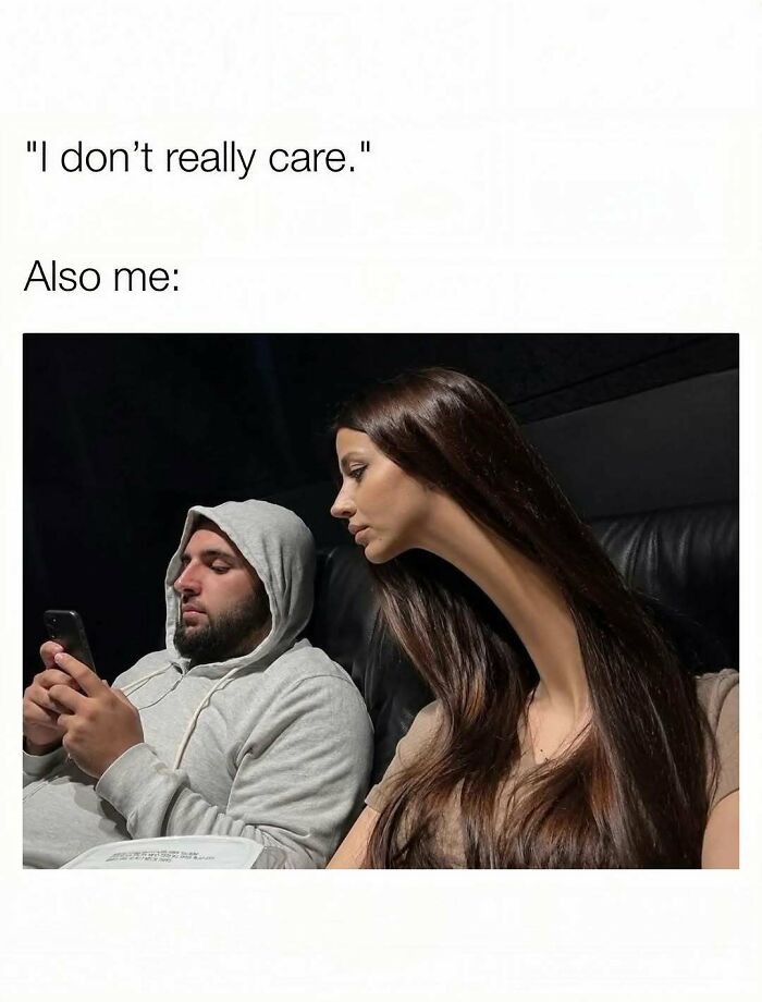 Funny memes about being a woman showing a girl with a stretched neck looking at a phone.