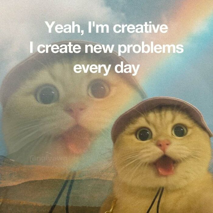 Creative cat meme about creating new problems every day with rainbow background