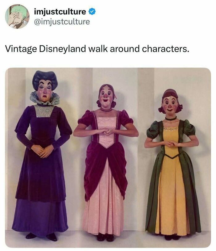 Three vintage Disneyland walk-around characters in elaborate costumes, standing against a neutral background. Imjustculture posts.