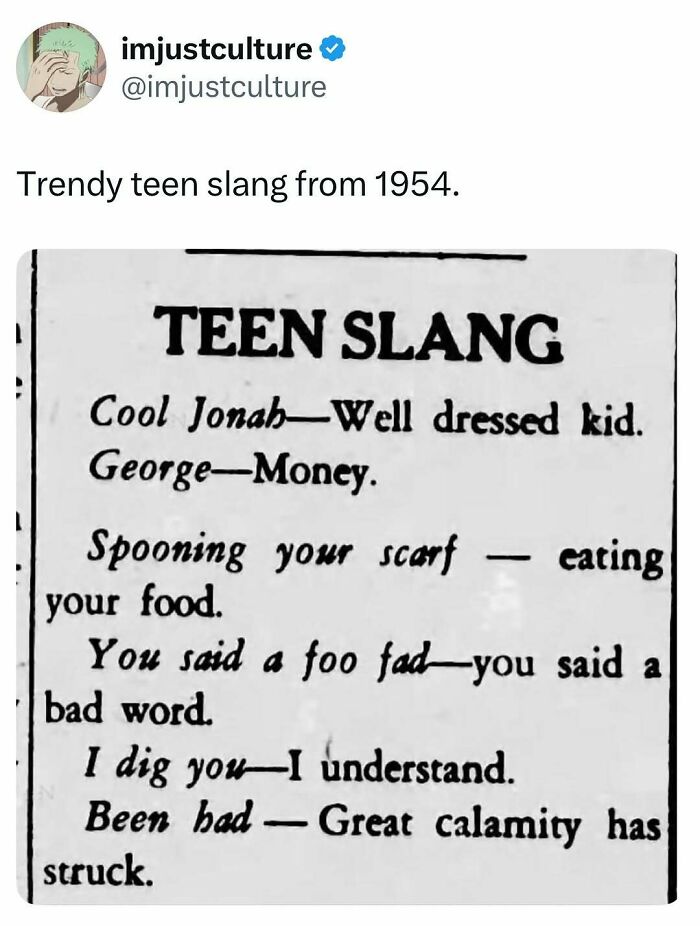 A newspaper clipping from 1954 listing trendy teen slang terms and their meanings, for Imjustculture-Posts.