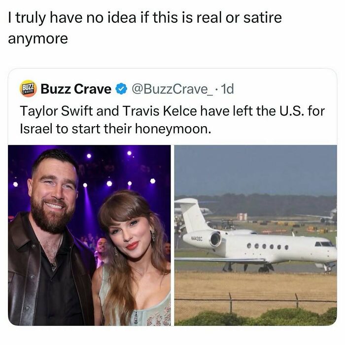 A meme showing a Buzz Crave tweet about Taylor Swift and Travis Kelce, next to a photo of them and a private jet. Hilarious memes spread quickly.