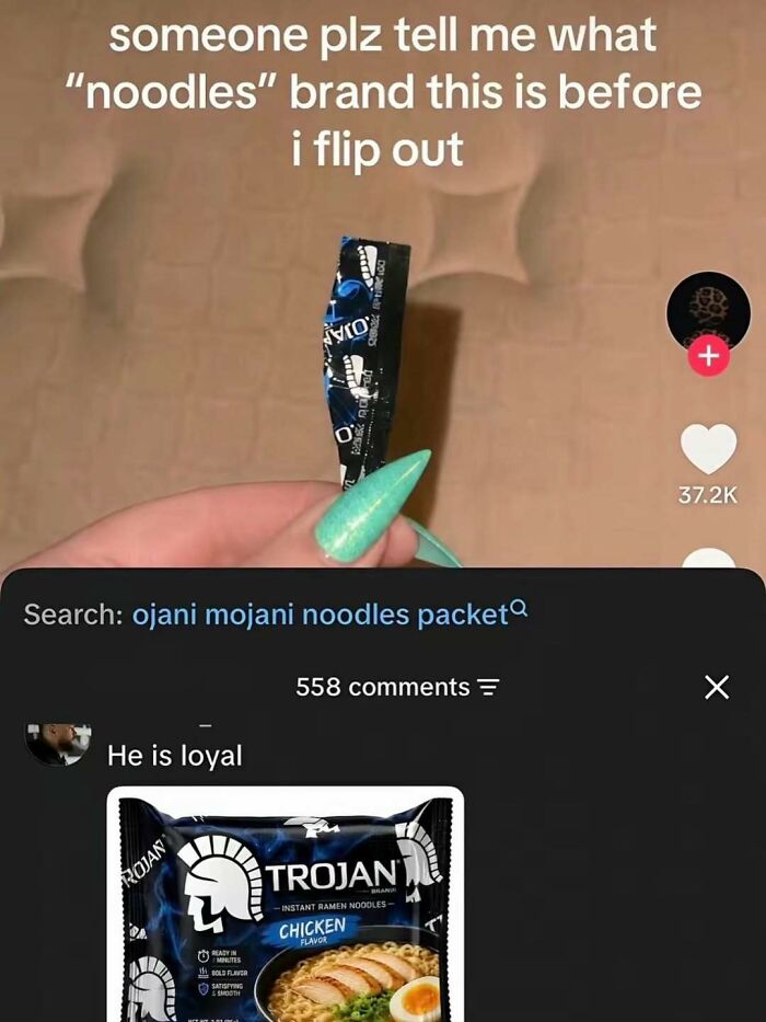 A person holding a Trojan brand ramen packet, mistaken for noodles. Hilarious memes.