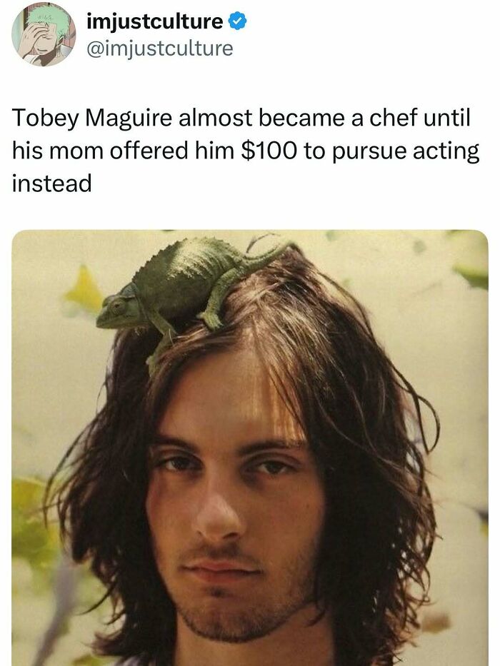 Imjustculture-Posts: Young Tobey Maguire with a chameleon on his head, prior to acting career.