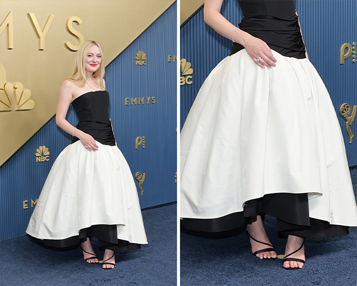 Dakota Fanning at the 2026 Emmys, in a black strapless top with a voluminous white skirt, among the worst dressed stars.