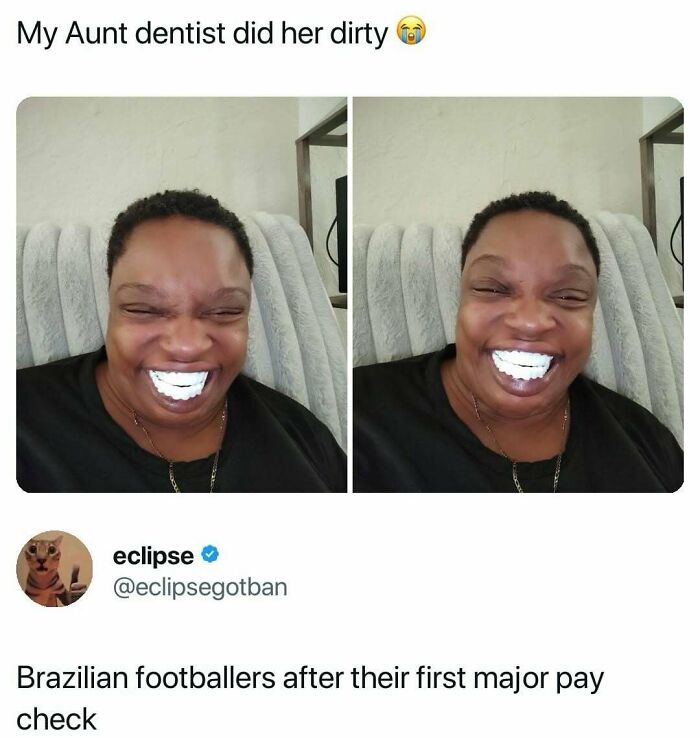 A funny meme showing a woman with overly large, white teeth. People often share hilarious memes for a laugh.