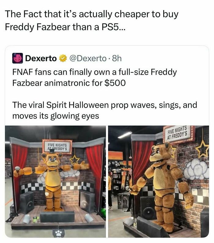 A tweet about a full-size Freddy Fazbear animatronic, highlighting hilarious memes.