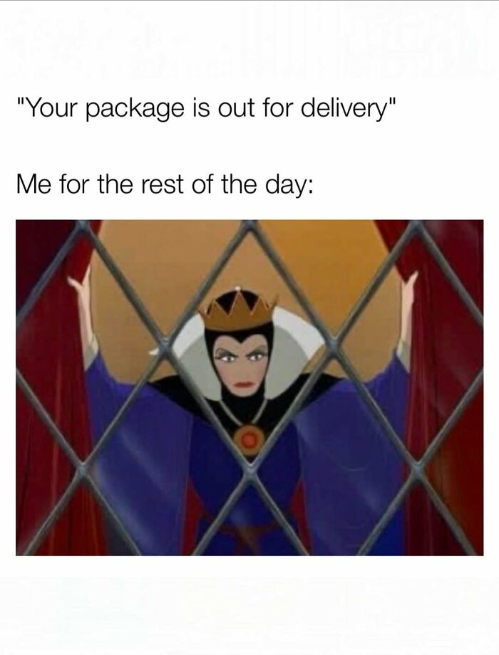 Funny memes about being a woman showing the Evil Queen looking suspiciously through a lattice window.
