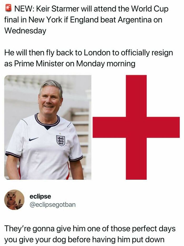 A meme showing Keir Starmer and the England flag, with a harsh but true joke about a politician's resignation.