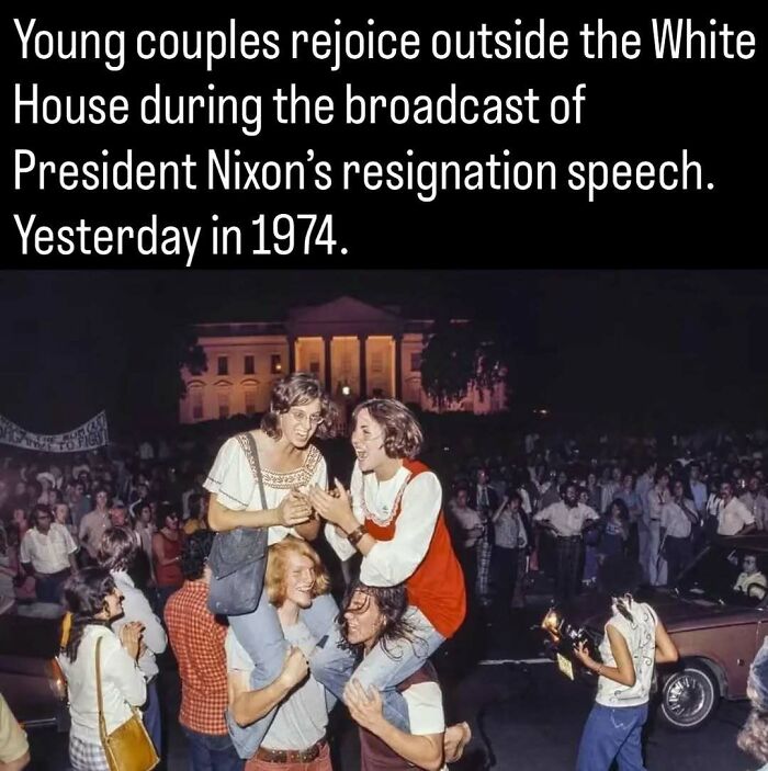 Remarkable photos of young couples celebrating Nixon resignation in 1974.