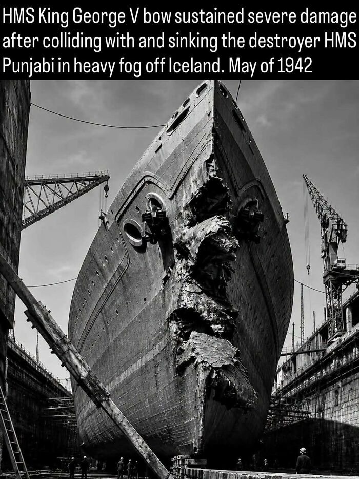 Damaged bow of HMS King George V in a dry dock in 1942, from remarkable photos showing the past.