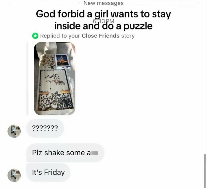 A screenshot of a text conversation where someone is shamed for doing a puzzle, capturing the internet at its strangest.