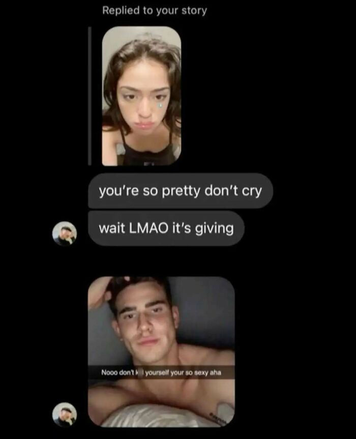 A screenshot showing humorous and unfiltered internet reactions to a crying selfie and a guy in bed.
