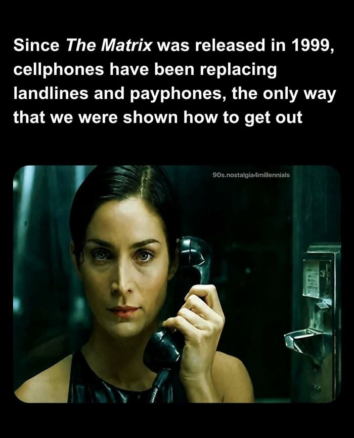 Trinity from The Matrix holding a landline telephone, featured in 90s nostalgic pics of pop culture history