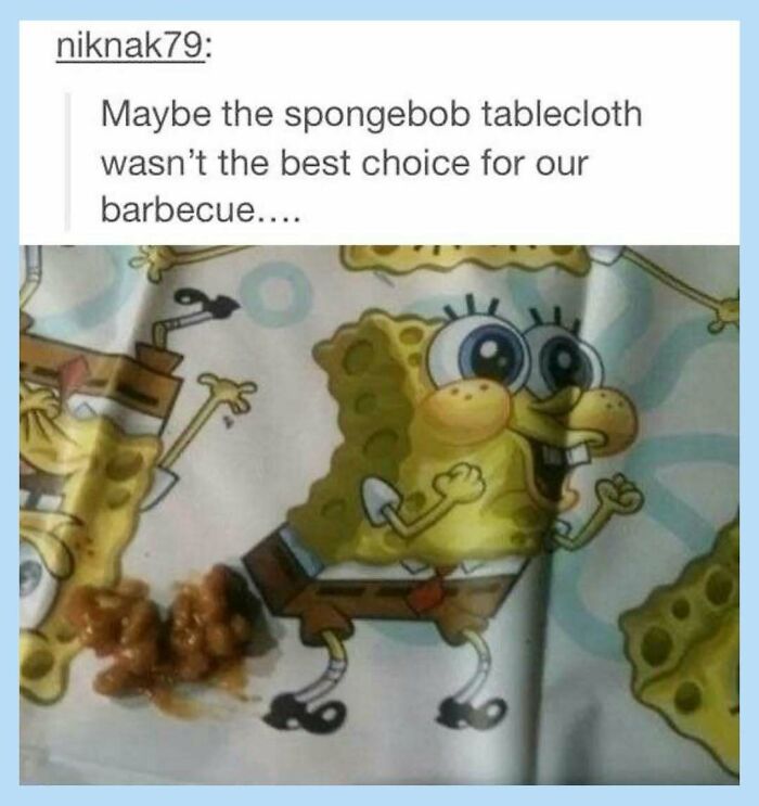 A funny meme of a Spongebob tablecloth with baked beans spilled on it, resembling Spongebob's bodily fluids.