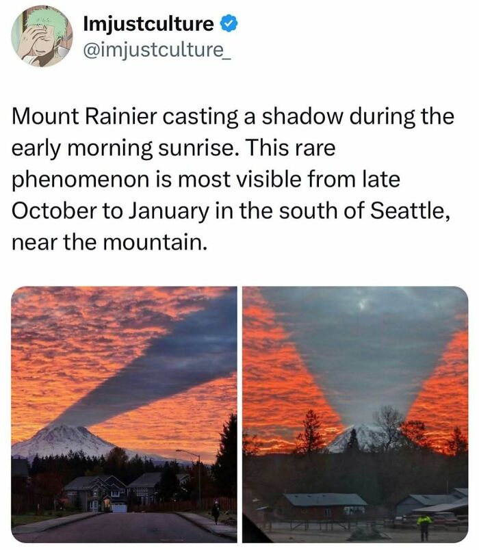 Two images of Mount Rainier casting a large shadow over a vibrant red and orange sky during sunrise. Imjustculture posts.