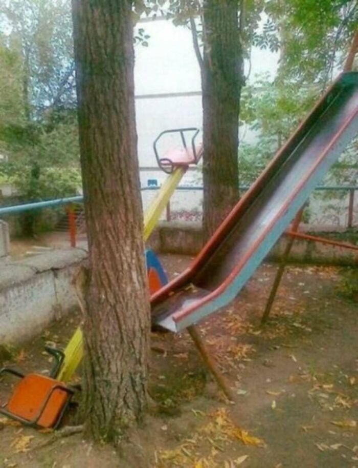 A playground with a slide going into a tree trunk and a seesaw blocked by a tree, showcasing playground fails.