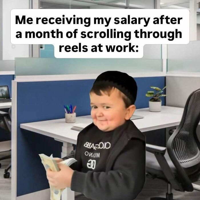 A work meme showing a child happily receiving salary after scrolling through reels at work. Relatable work memes.