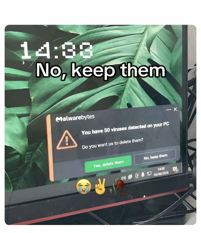 Hilarious memes: A computer screen showing a Malwarebytes alert with 50 viruses, a funny tech meme.