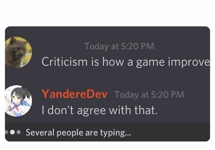A Discord chat showing a disagreement about game criticism, featuring funny memes.
