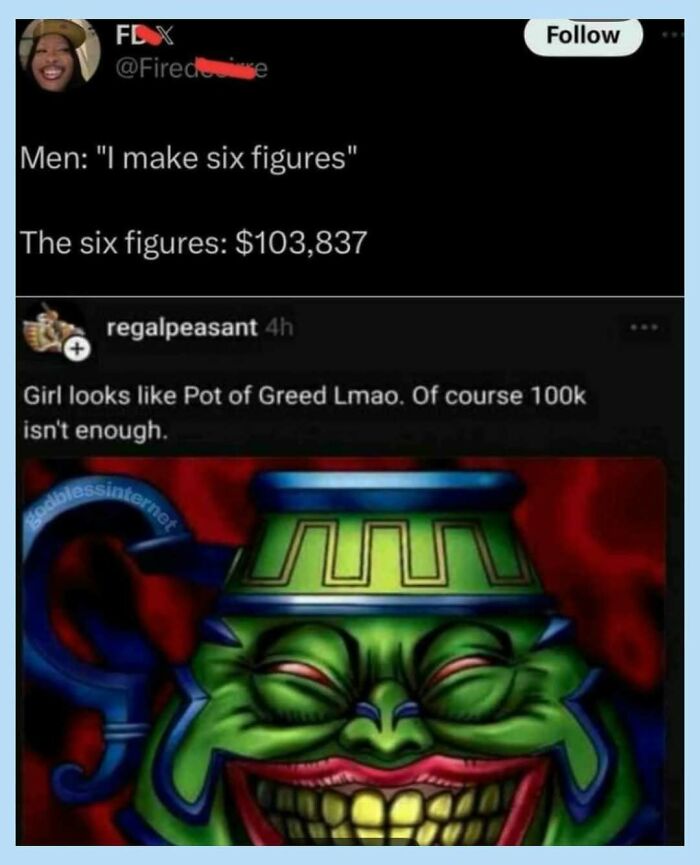 A funny meme comparing six-figure earnings to a Pot of Greed.
