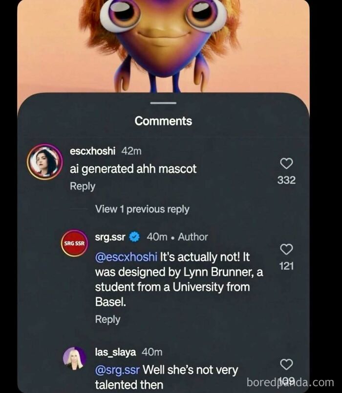 Hilariously ridiculous memes showing funny social media comment roast on AI generated mascot