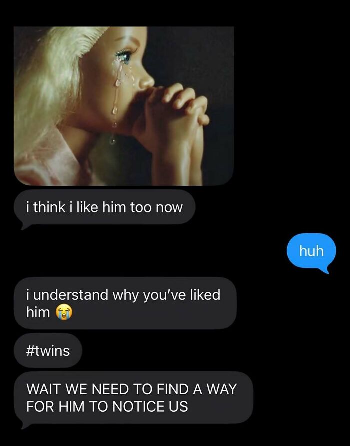 A screenshot showing a doll crying with text messages about two people liking the same person, capturing the internet at its strangest.