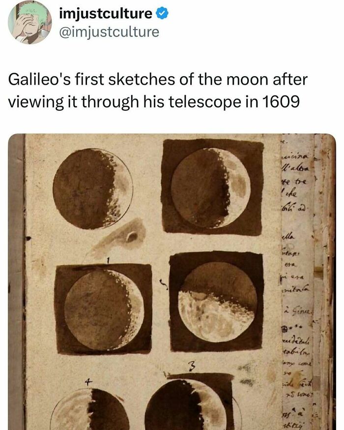 Galileo's first sketches of the moon from 1609, a historical imjustculture-post about telescope observations.